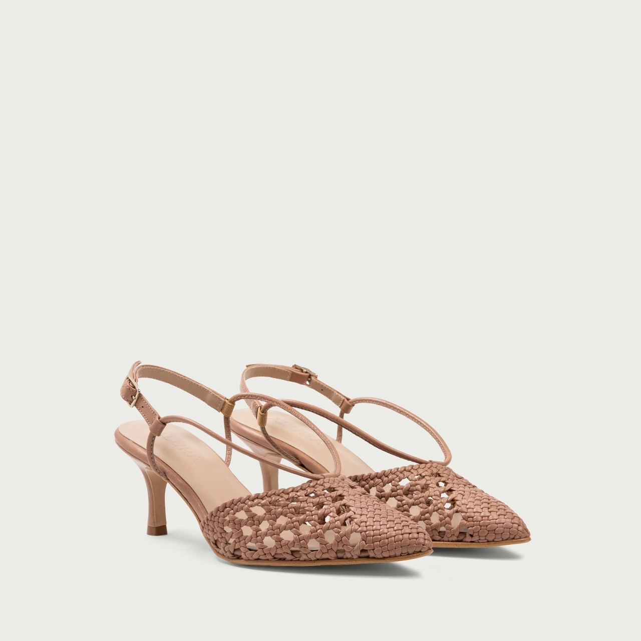 Pantofi decupați nude cu toc subțire Cecille din piele naturală împletită - Img 2