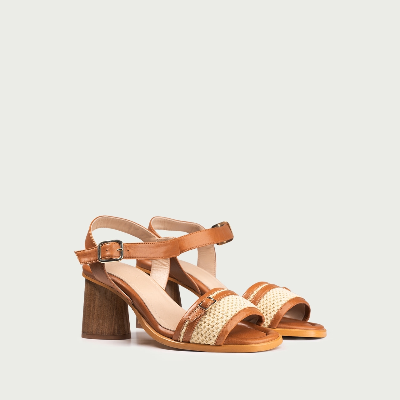 Sandale camel cu toc gros și rafie Flavia din piele naturală - Img 2