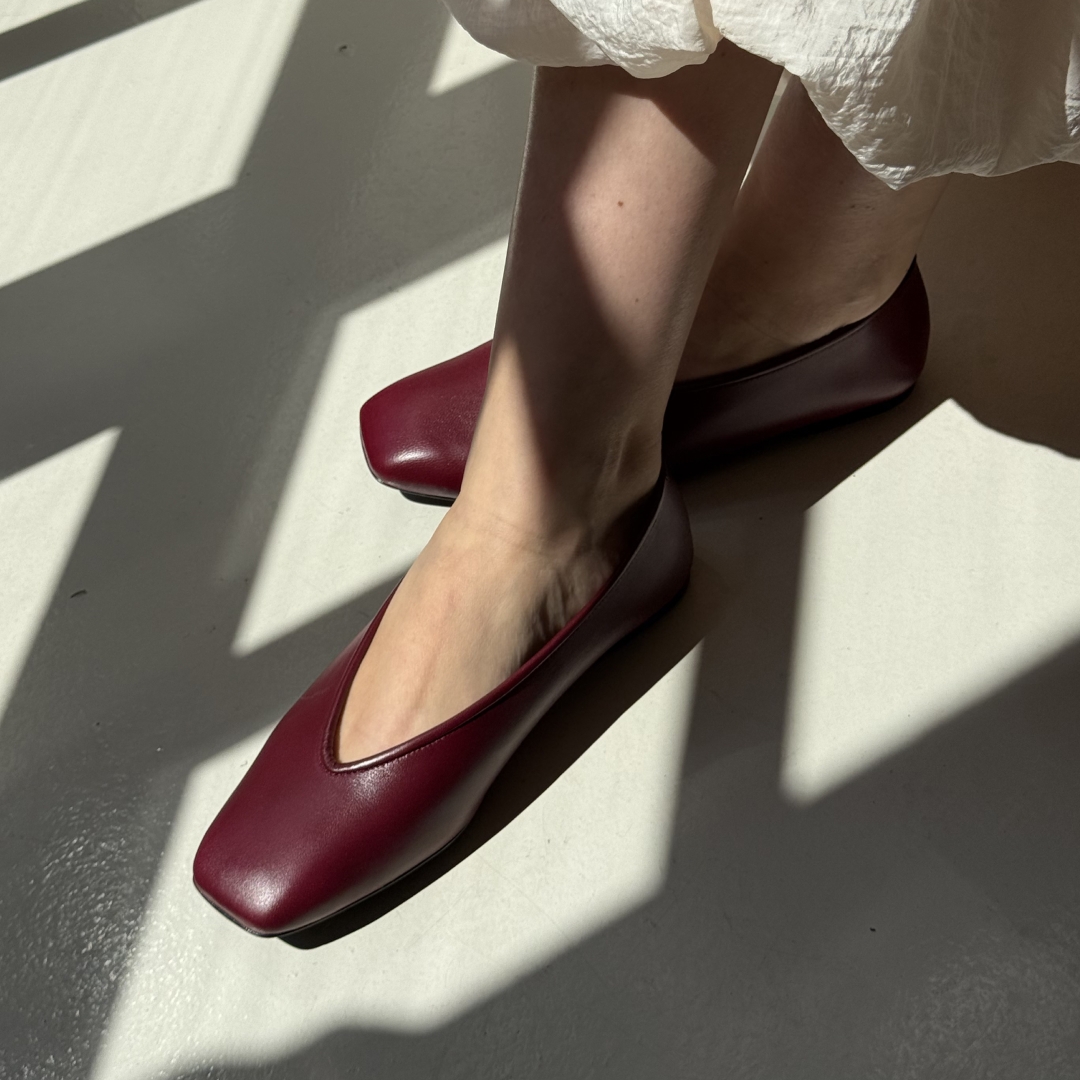 Balerini burgundy cu vârf pǎtrat Ivone din piele naturală - Img 2
