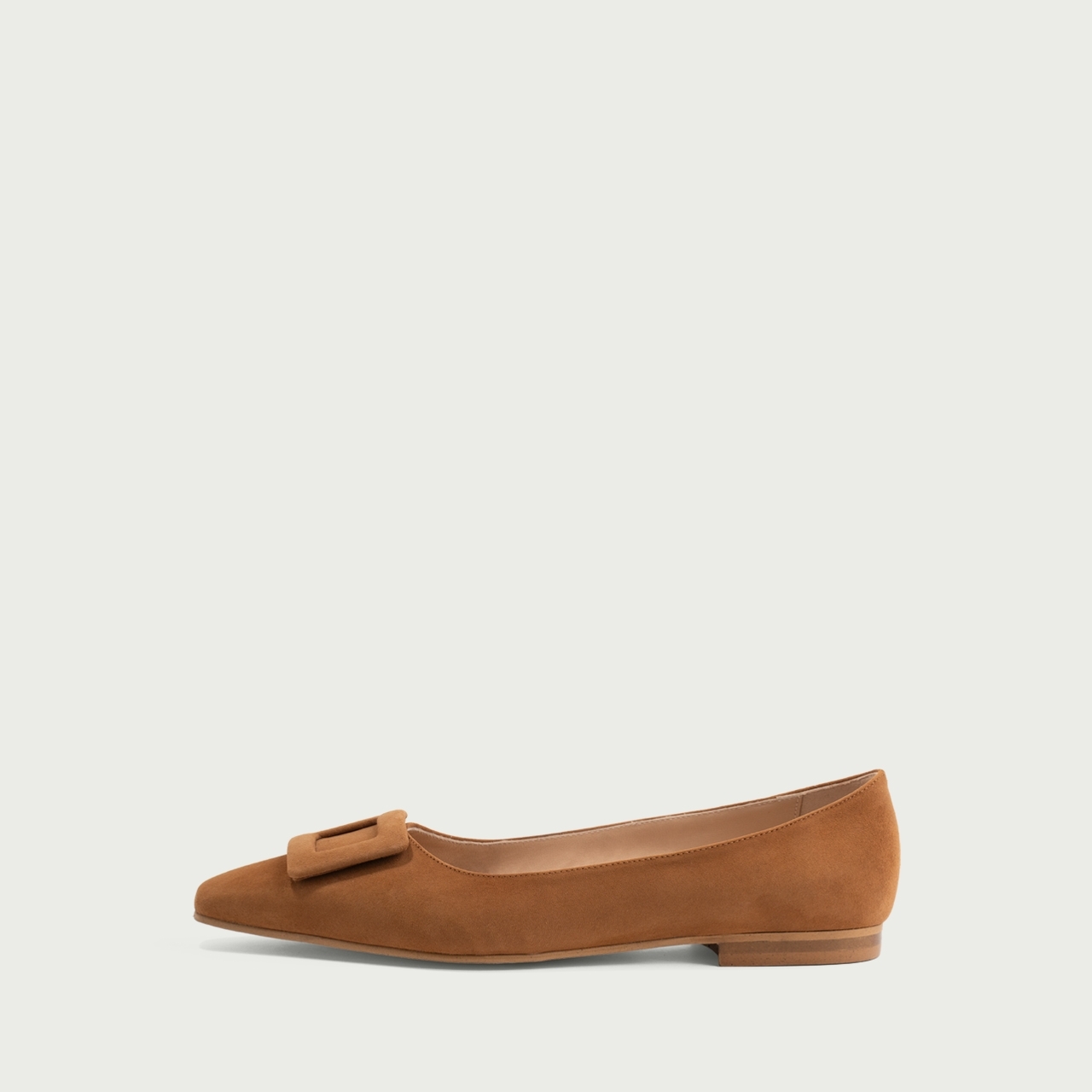 Balerini camel cu vârf ascuțit și accesoriu geometric Andia din piele întoarsă naturală - Img 1