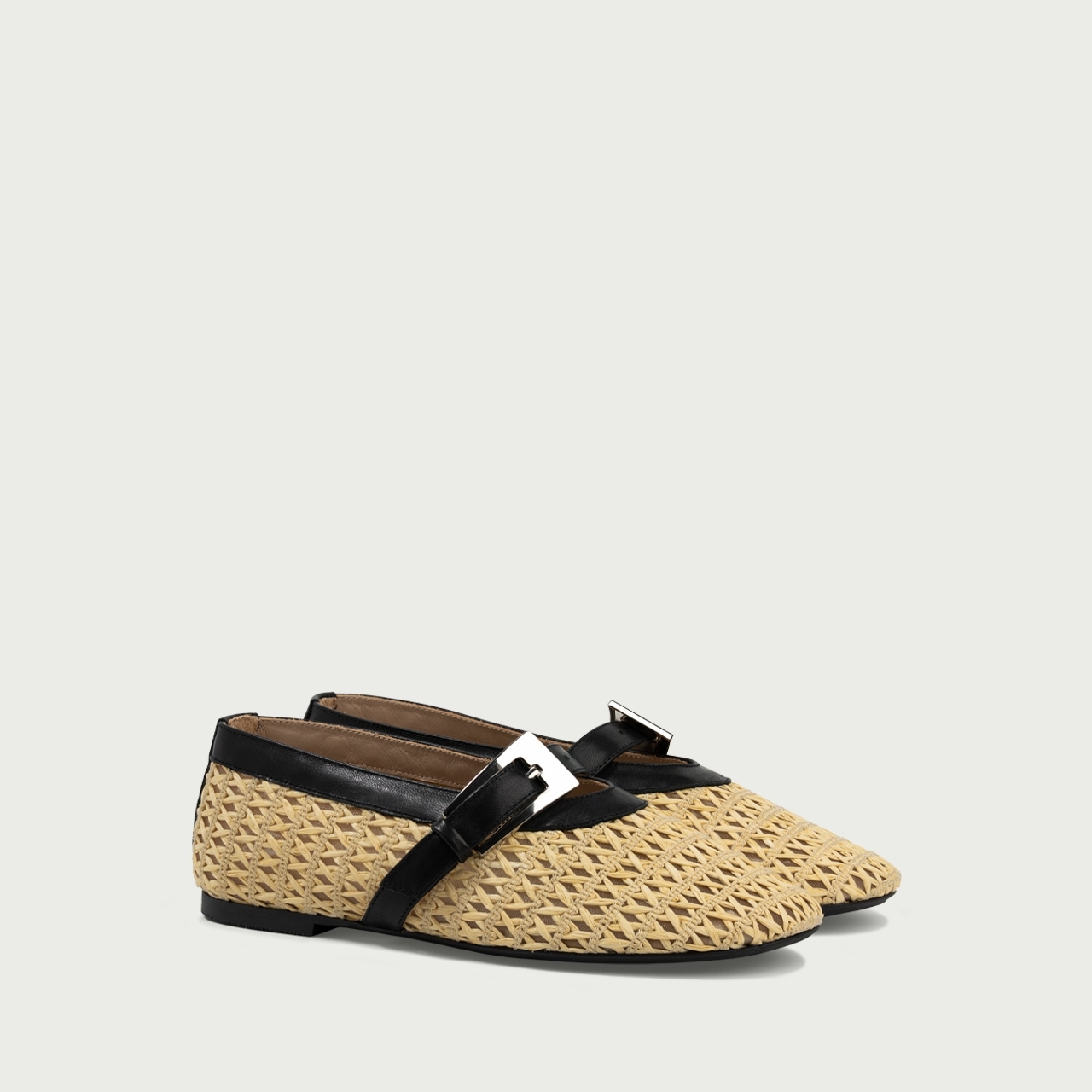 Balerini cu vârf rotund și baretă Tess din rafie și piele naturală - Img 2