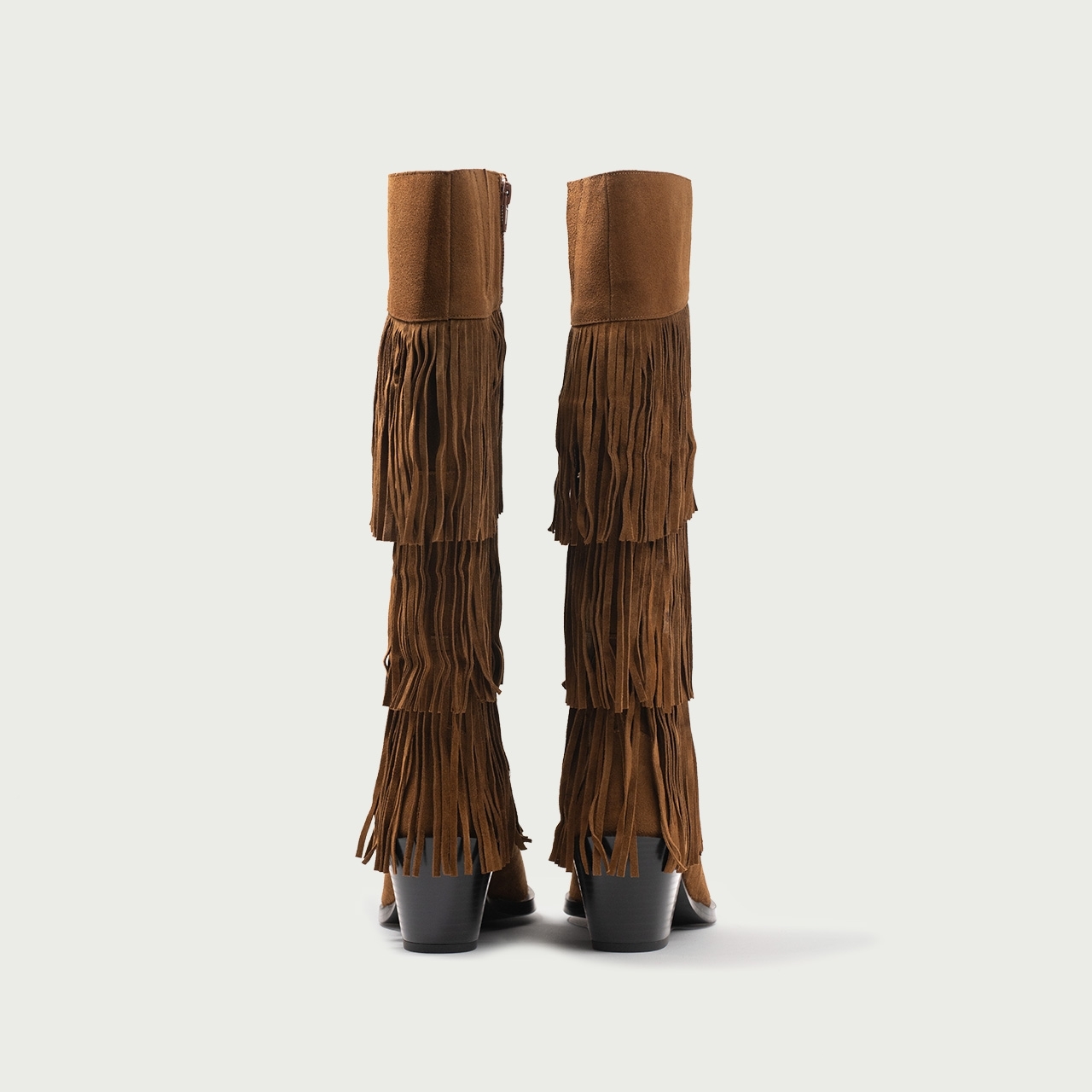 Cizme lungi cu franjuri și toc gros Dakota din piele întoarsă naturală camel - Img 4