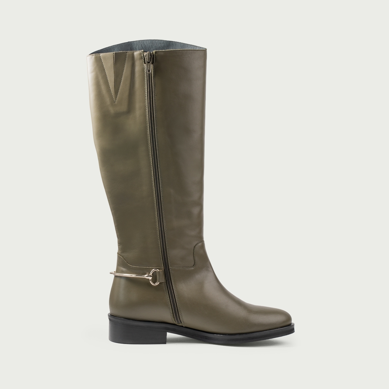 Cizme lungi khaki cu talpă joasă și accesoriu metalic Milla din piele naturală - Img 6