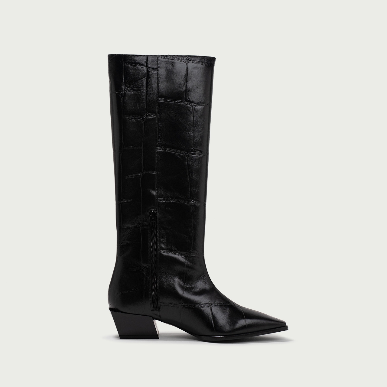 Cizme lungi negre cu toc gros Nadina din piele naturală cu print croco - Img 5