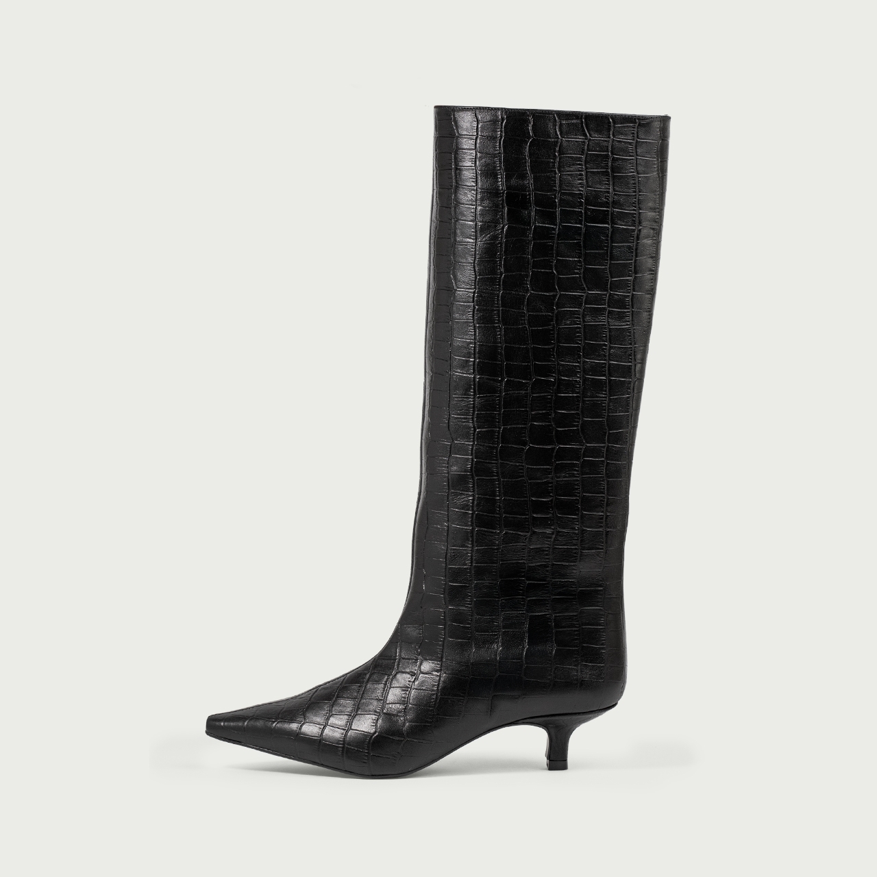 Cizme lungi negre cu toc mic Imani din piele naturală croco - Img 1