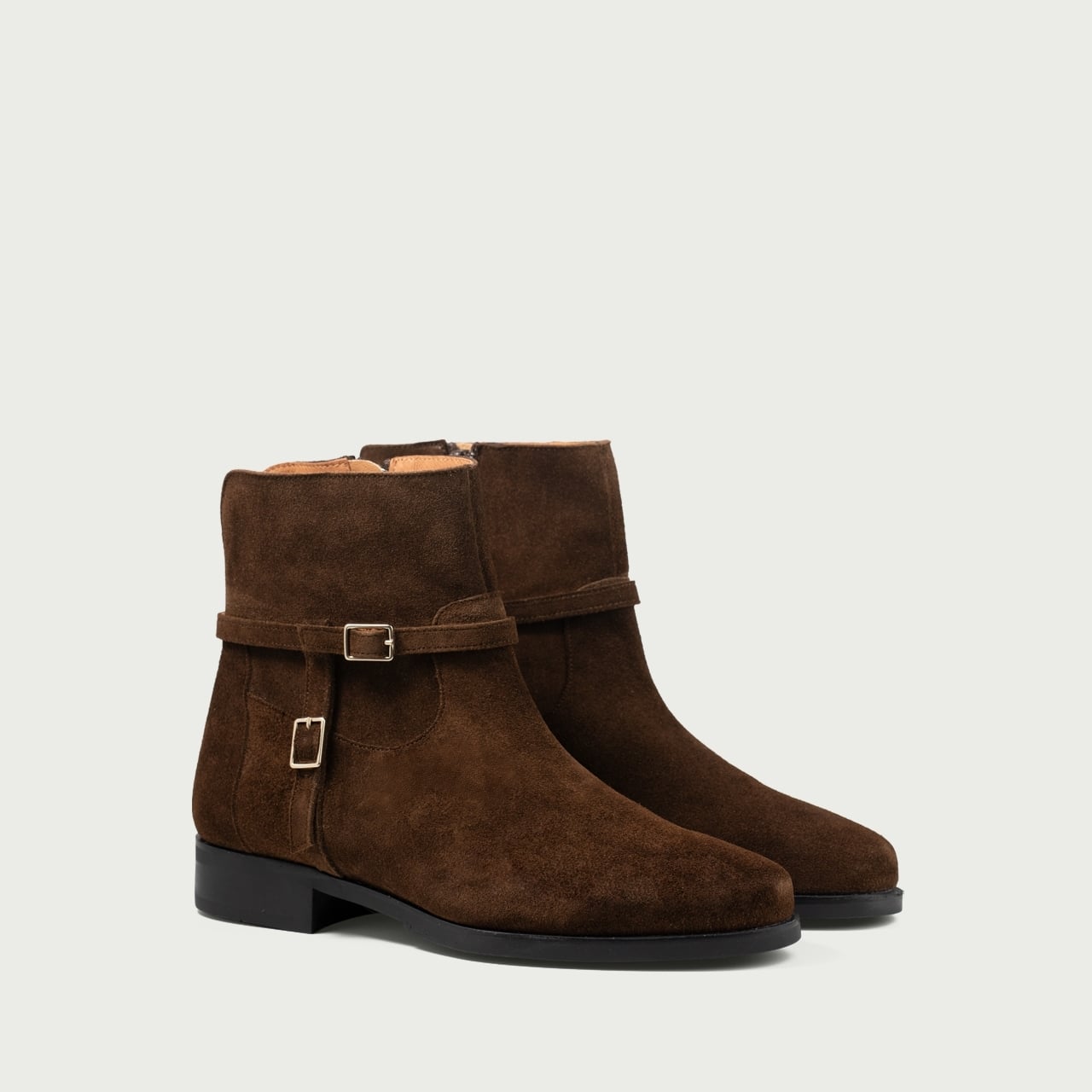 Cizme scurte cu talpă joasă maro ciocolatiu Sylvie din piele întoarsă naturală - Img 2