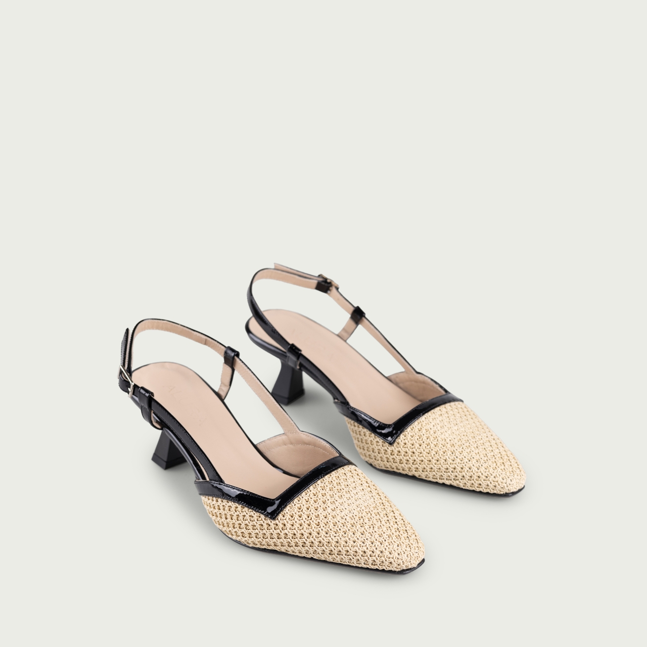 Pantofi decupați cu toc subțire Tania din piele naturalǎ și material textil tip rafie - Img 2