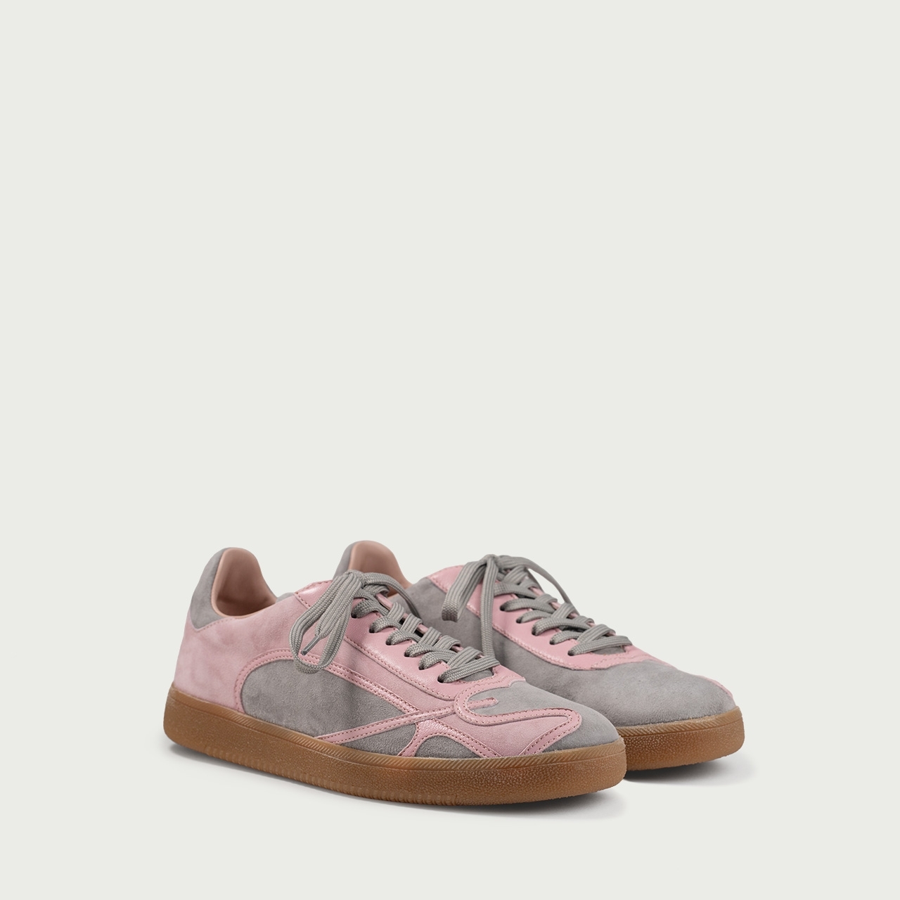 Pantofi sport gri cu detalii roz Alma 002 din piele întoarsă naturală - Img 2