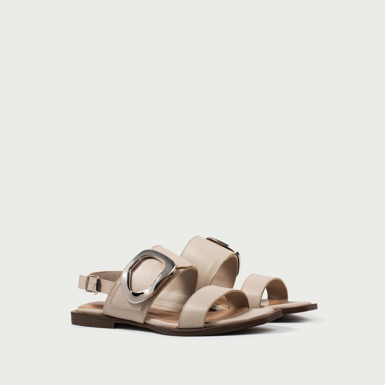 Sandale damă fără toc gri Caia din piele naturală cu accesoriu metalic - Img 2