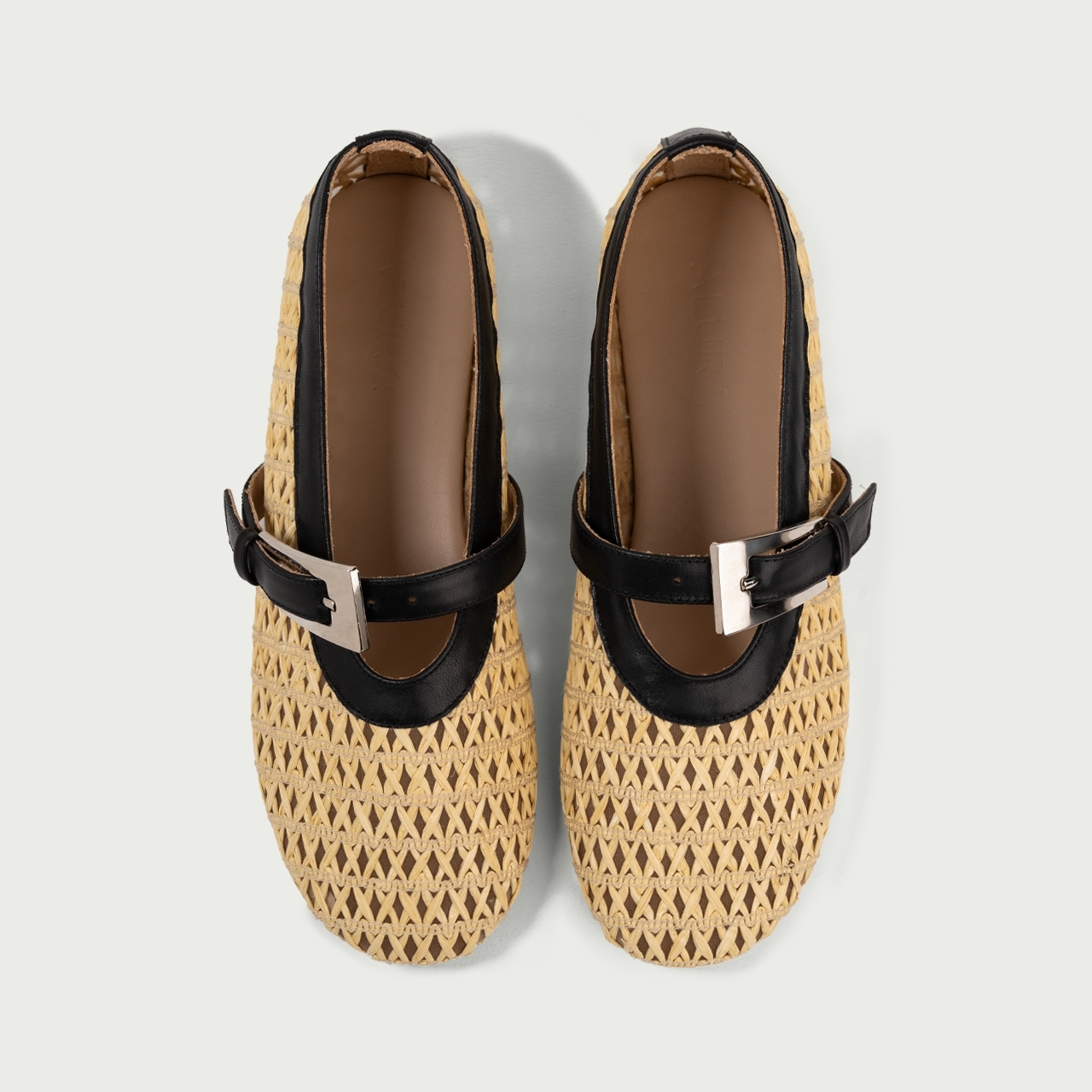 Balerini cu vârf rotund și baretă Tess din rafie și piele naturală - Img 4
