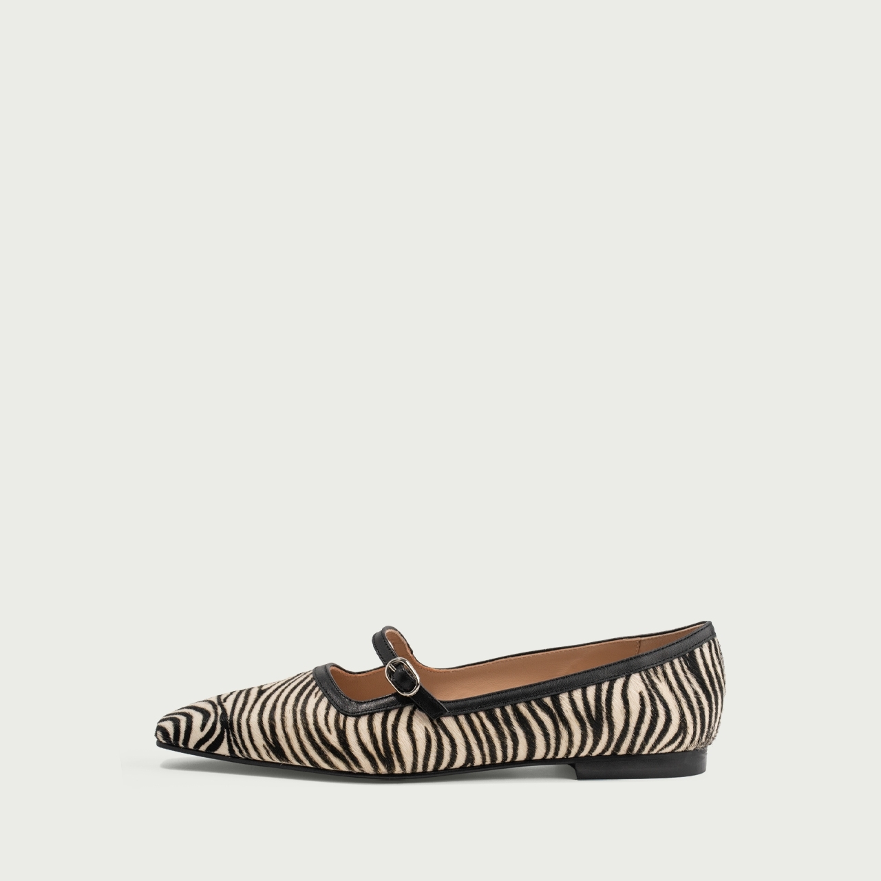 Balerini zebra print cu vârf ascuțit Lydia din piele naturală cu păr - Img 1