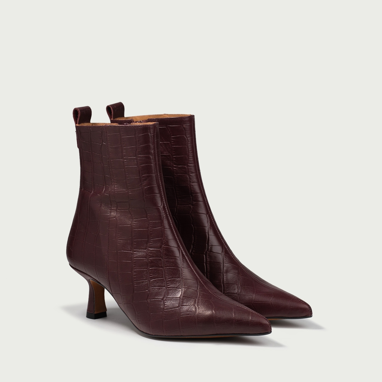 Botine burgundy cu toc subțire Angelique din piele naturală croco - Img 3