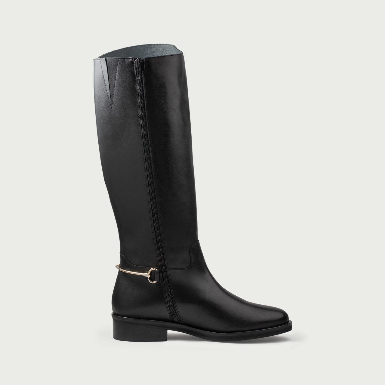 Cizme lungi negre cu talpă joasă și accesoriu metalic Milla din piele naturală - Img 6