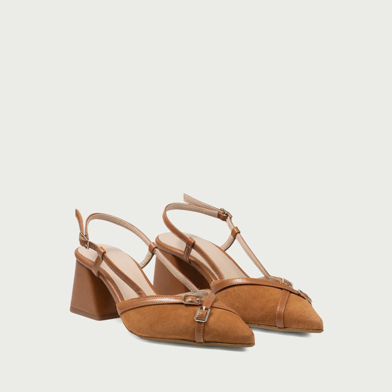 Pantofi cu toc gros decupați camel Isobel din piele naturală - Img 2