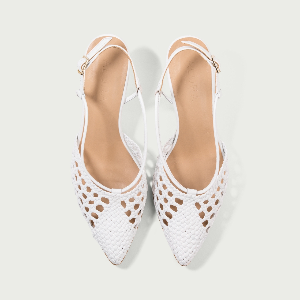 Pantofi decupați albi cu toc subțire Cecille din piele naturală împletită - Img 4