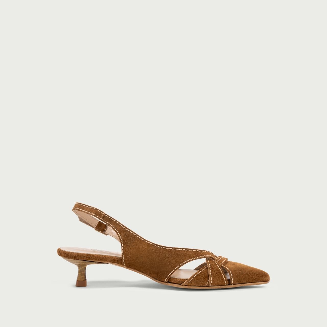 Pantofi decupați cu toc subțire camel Daphne din piele întoarsă naturală - Img 6