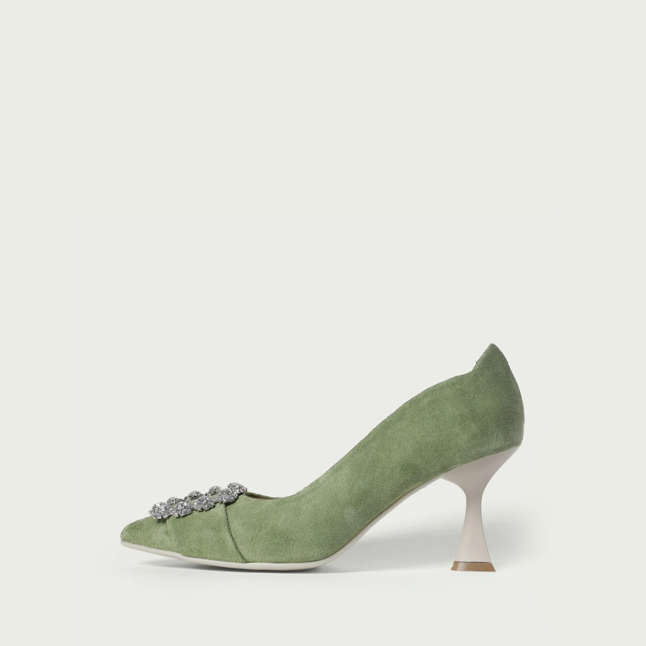 Pantofi stiletto cu toc subțire Innes din piele întoarsă naturală verde și accesoriu cristal
