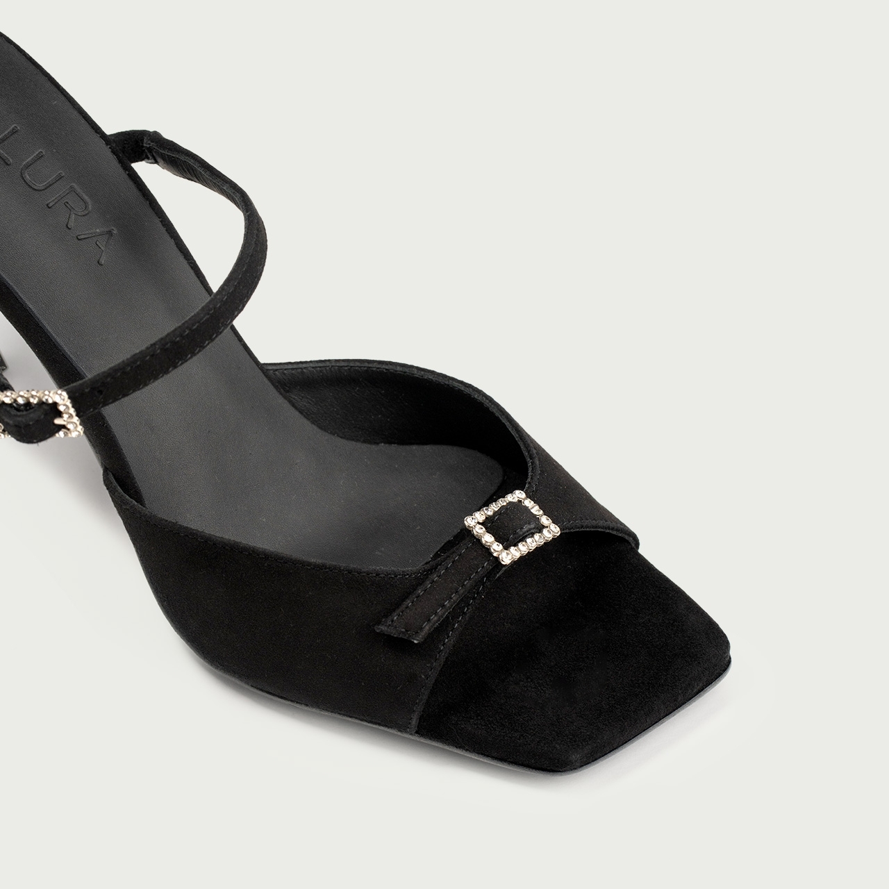 Sandale elegante cu toc subțire negre Valentina din piele întoarsă naturalǎ - Img 4