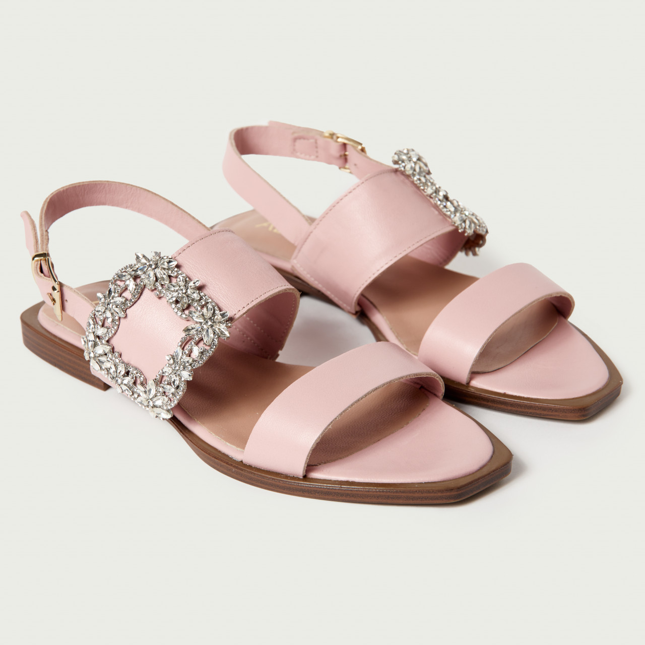 Sandale fără toc elegante Claire din piele naturală roz cu accesoriu delicat - Img 4