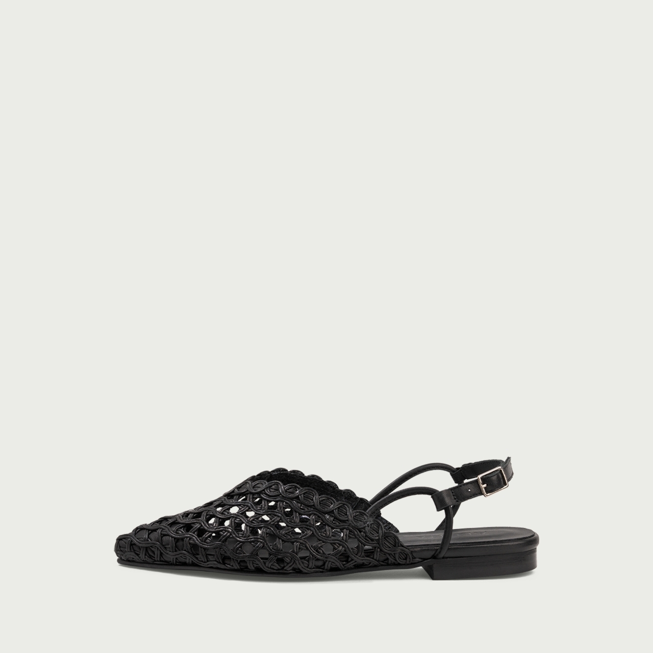 Balerini decupați negri Magda cu vârf ascuțit din piele naturală împletită - Img 1