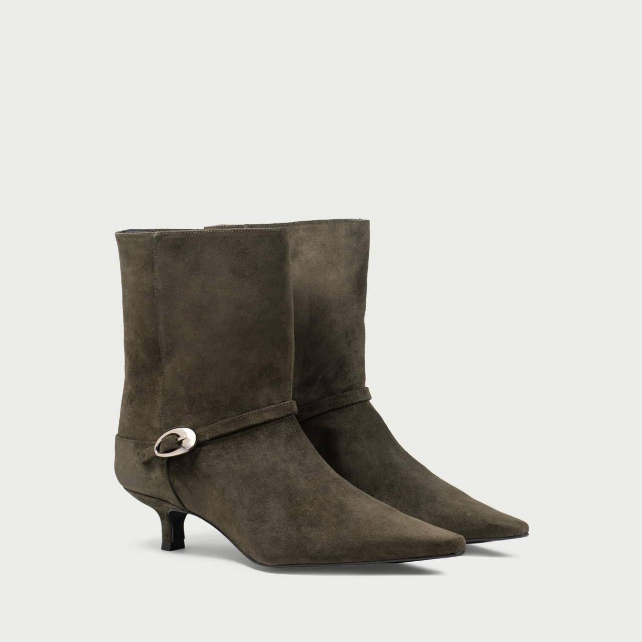 Botine cu toc mic khaki Amal din piele întoarsă naturală - Img 2