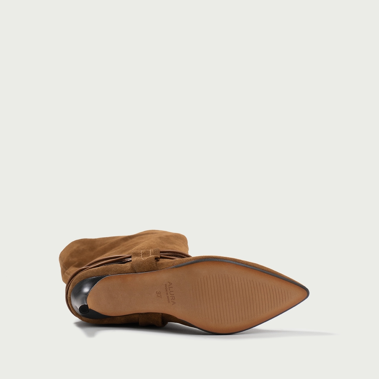 Cizme lungi cu toc subțire Alessandra din piele întoarsă naturală camel - Img 7