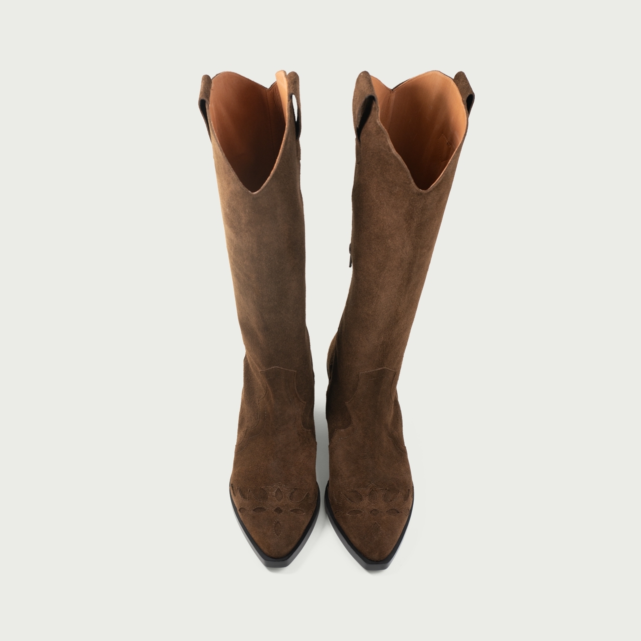 Cizme lungi maro ciocolatiu cu toc gros Camilla din piele întoarsă naturală - Img 3