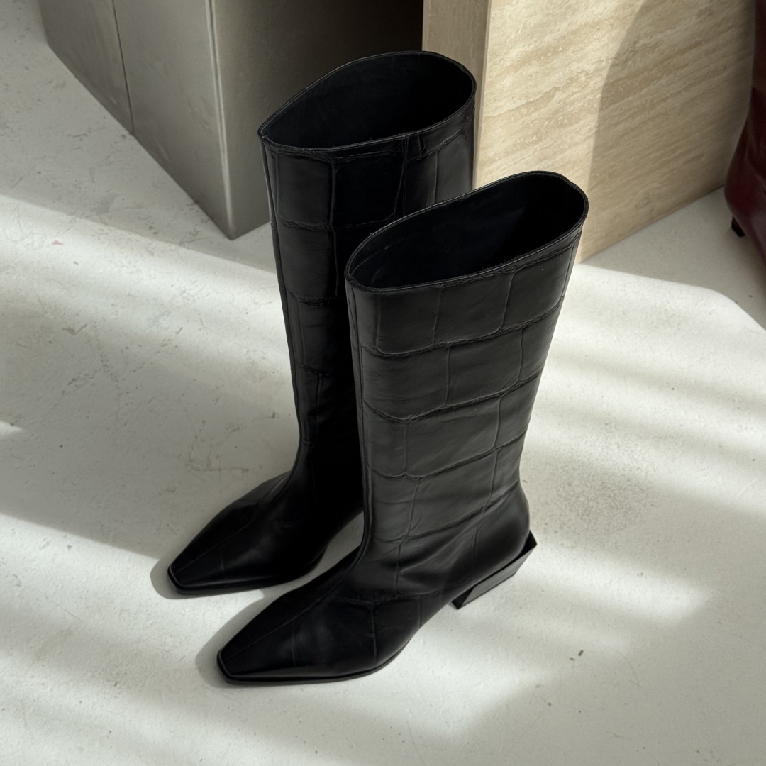 Cizme lungi negre cu toc gros Nadina din piele naturală cu print croco - Img 11