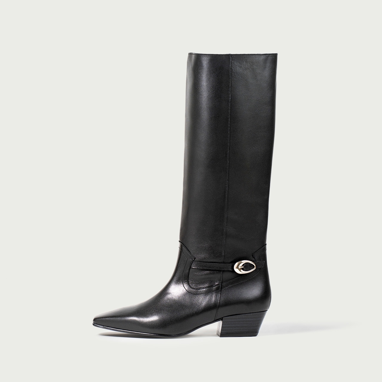 Cizme lungi negre cu toc gros și accesoriu metalic Natalie din piele naturală - Img 1