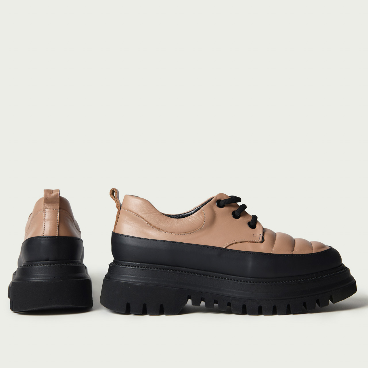 Pantofi casual Thamissa bej din piele naturală cu șiret - Img 3
