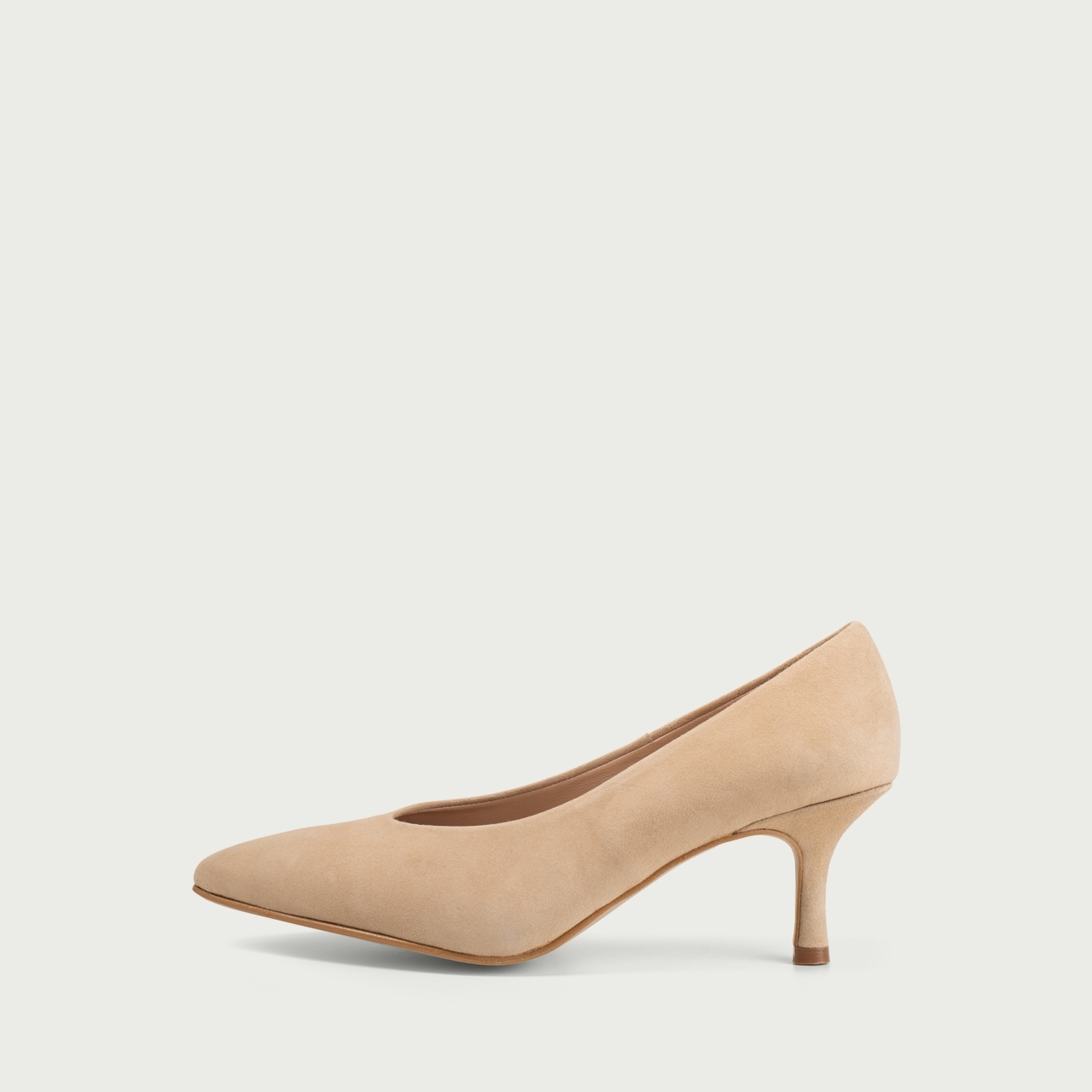 Pantofi cu toc subțire bej Alecsandra din piele întoarsă naturală - Img 1