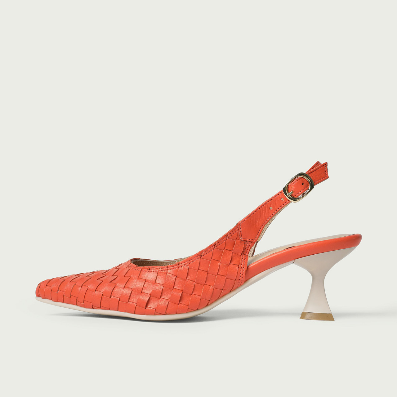 Pantofi decupați cu toc subțire portocalii Frances din piele naturală împletită