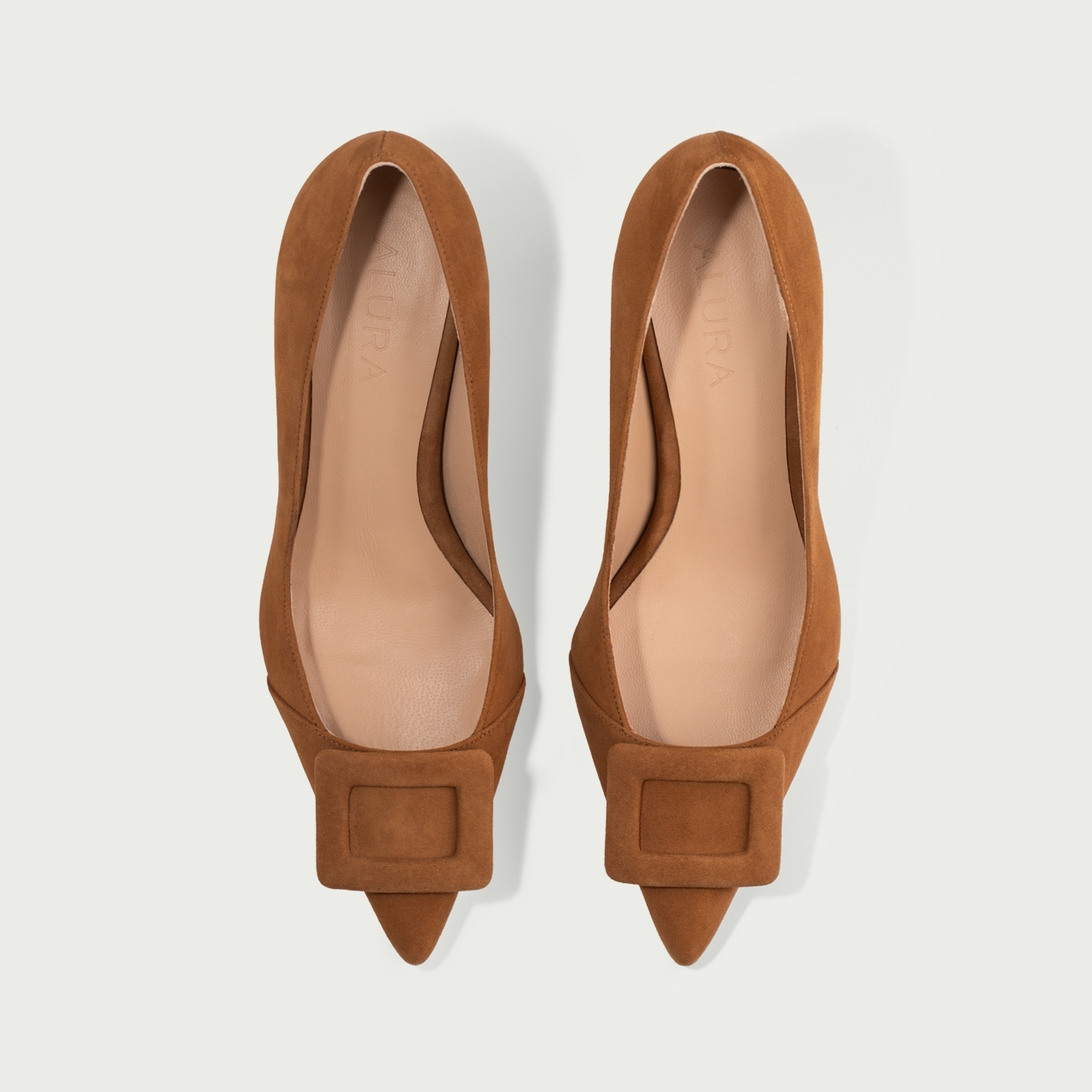 Pantofi stiletto camel cu accesoriu geometric Alana din piele întoarsă naturală - Img 3
