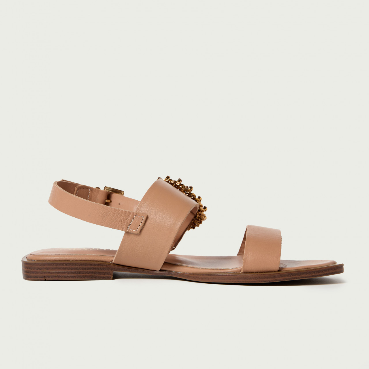 Sandale elegante fără toc Anastasia din piele naturală bej cu cristale - Img 7