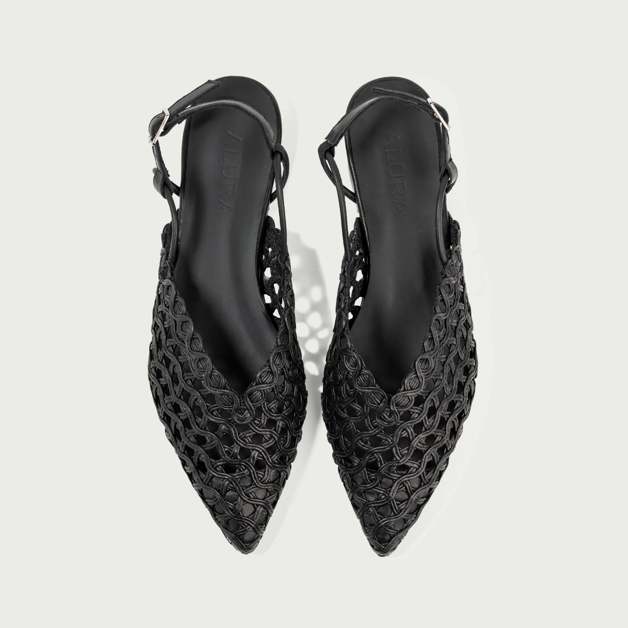 Balerini decupați negri Magda cu vârf ascuțit din piele naturală împletită - Img 4