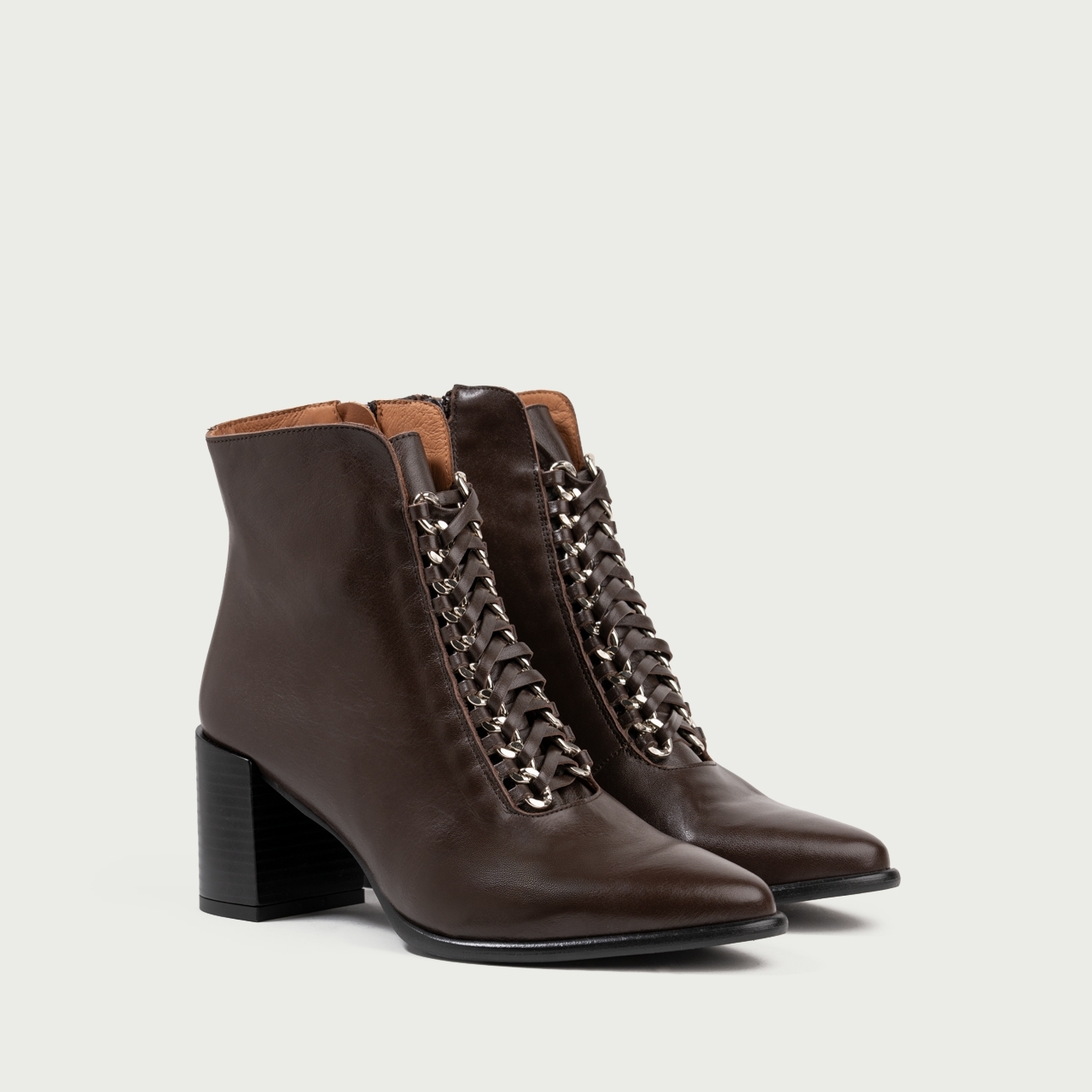 Botine cu șiret și toc gros Danielle din piele naturală maro ciocolatiu - Img 2