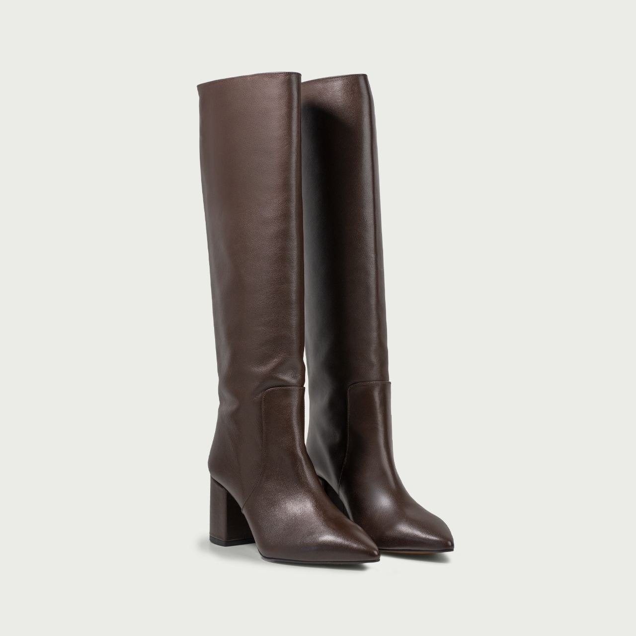 Cizme lungi maro ciocolatiu cu toc gros Aisha din piele naturală - Img 2