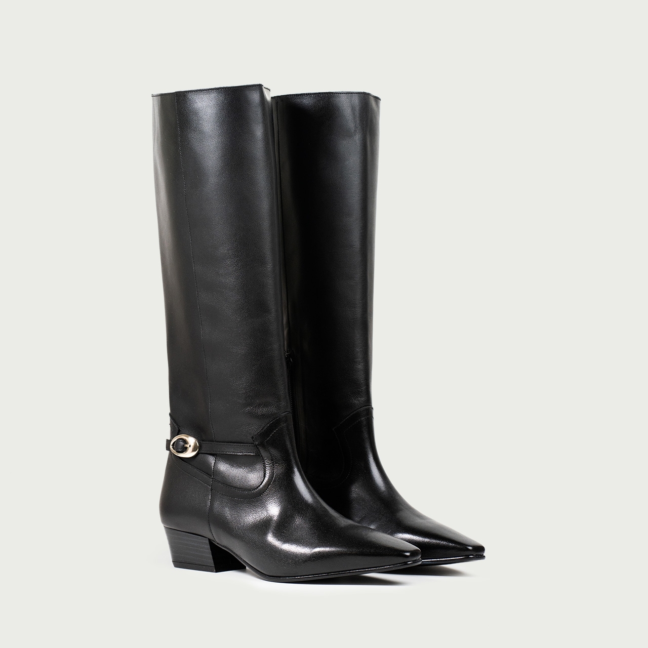 Cizme lungi negre cu toc gros și accesoriu metalic Natalie din piele naturală - Img 2