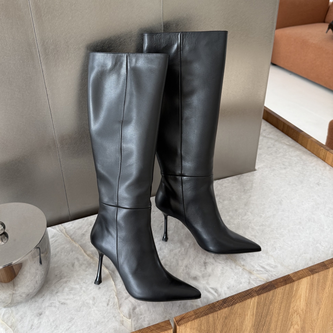 Cizme lungi stiletto negre cu toc subțire înalt Aymee din piele naturală - Img 3