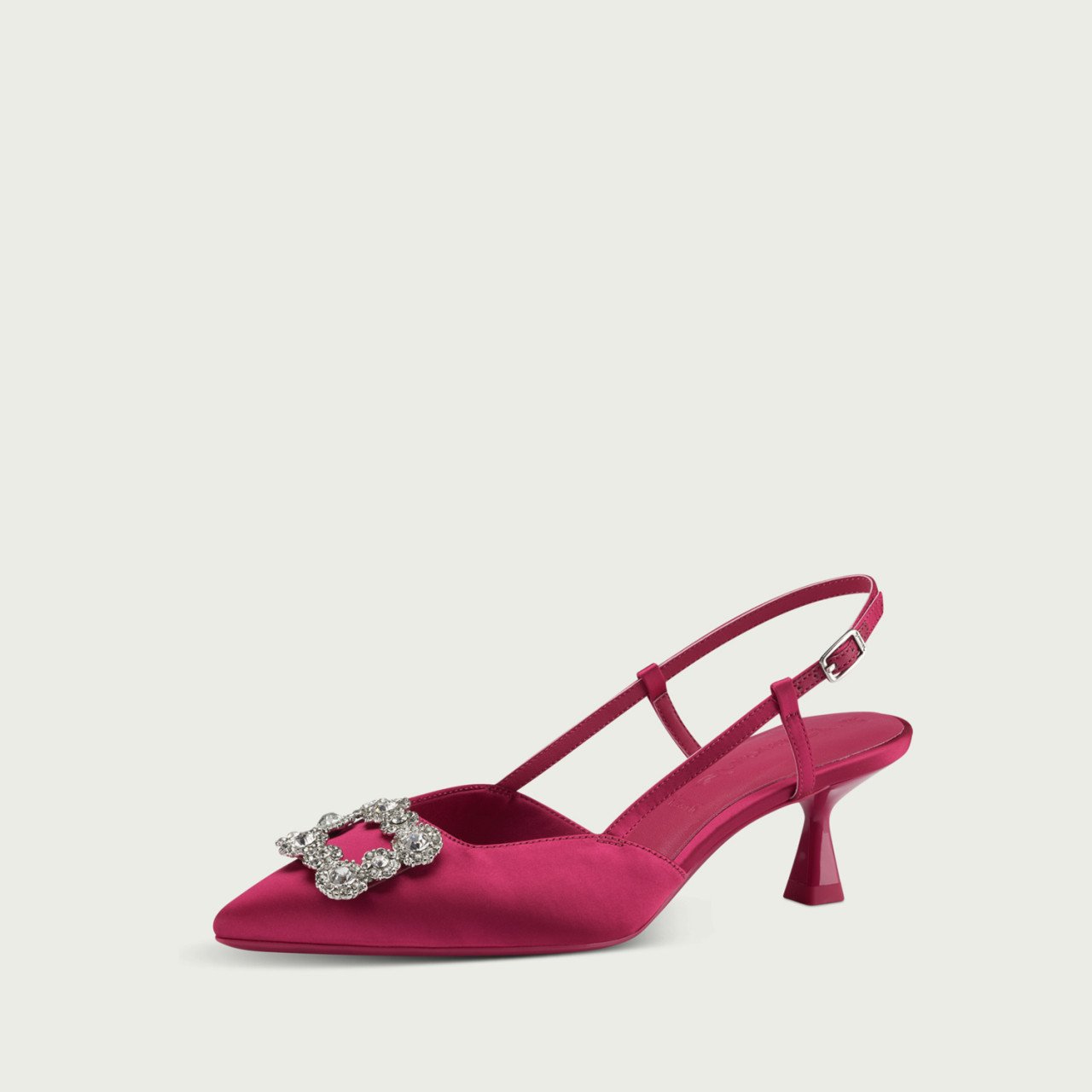 Pantofi damă kitten heel decupați din material textil satinat fucsia cu accesoriu cristal - Img 3