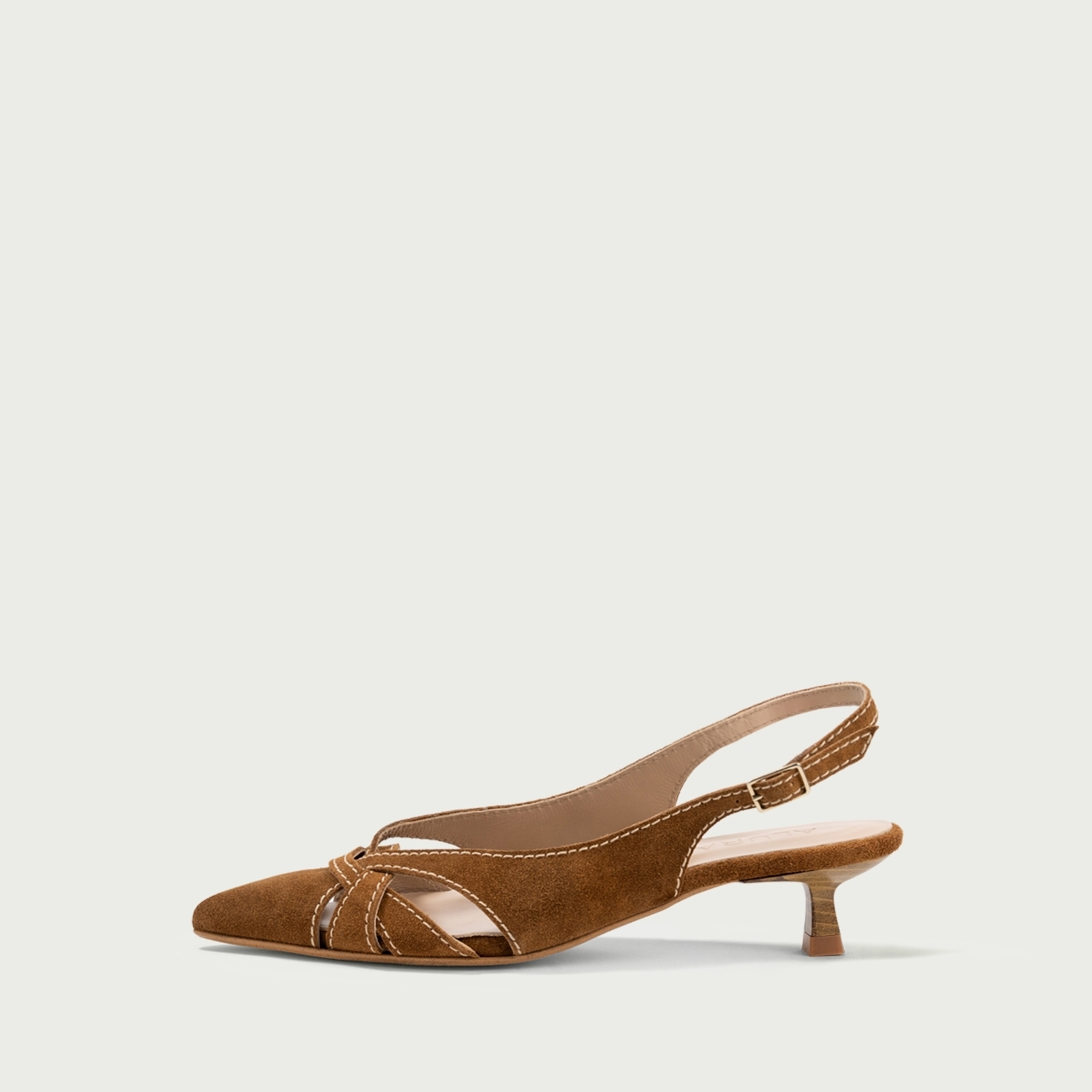 Pantofi decupați cu toc subțire camel Daphne din piele întoarsă naturală - Img 1