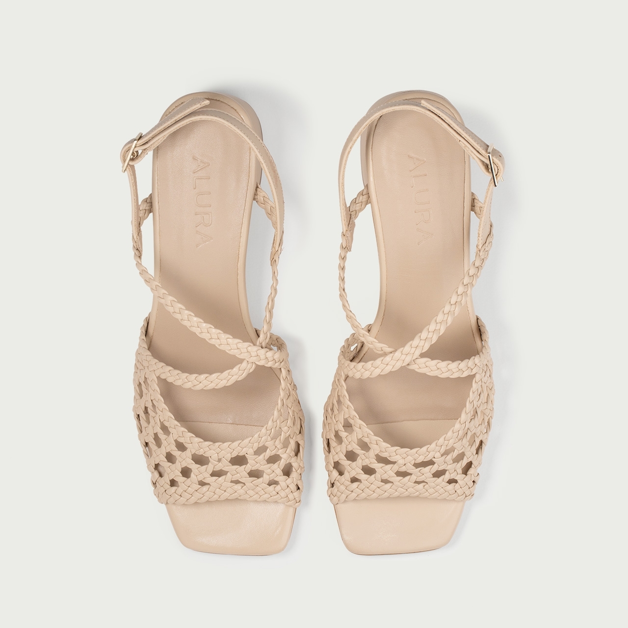 Sandale bej cu toc gros Amanda din piele naturală împletită - Img 4