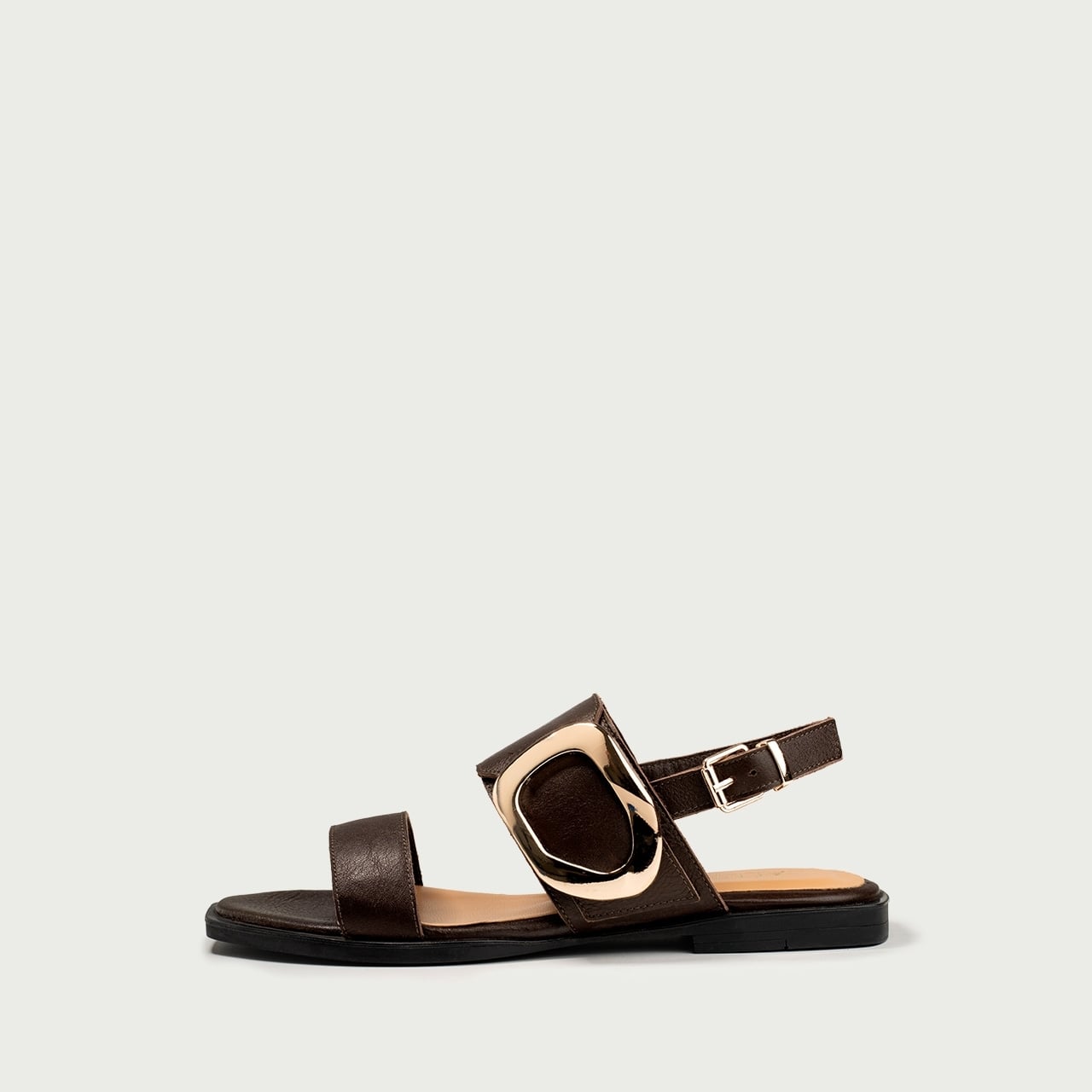 Sandale damă fără toc maro Caia din piele naturală cu accesoriu metalic - Img 1
