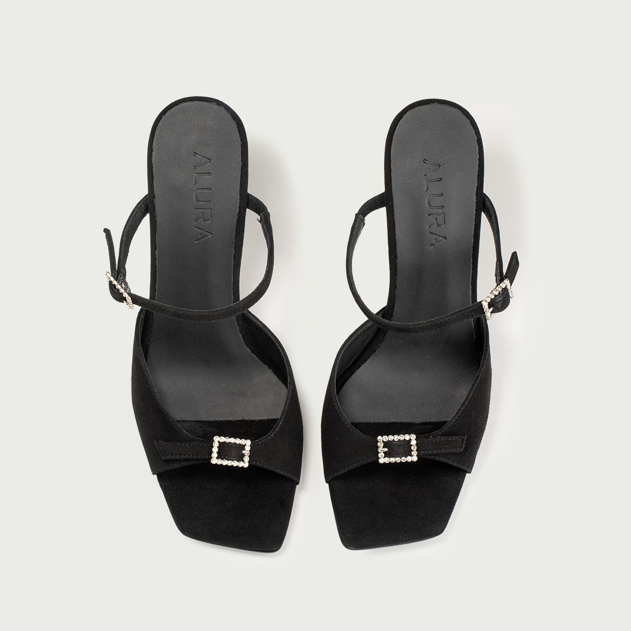Sandale elegante cu toc subțire negre Valentina din piele întoarsă naturalǎ - Img 7