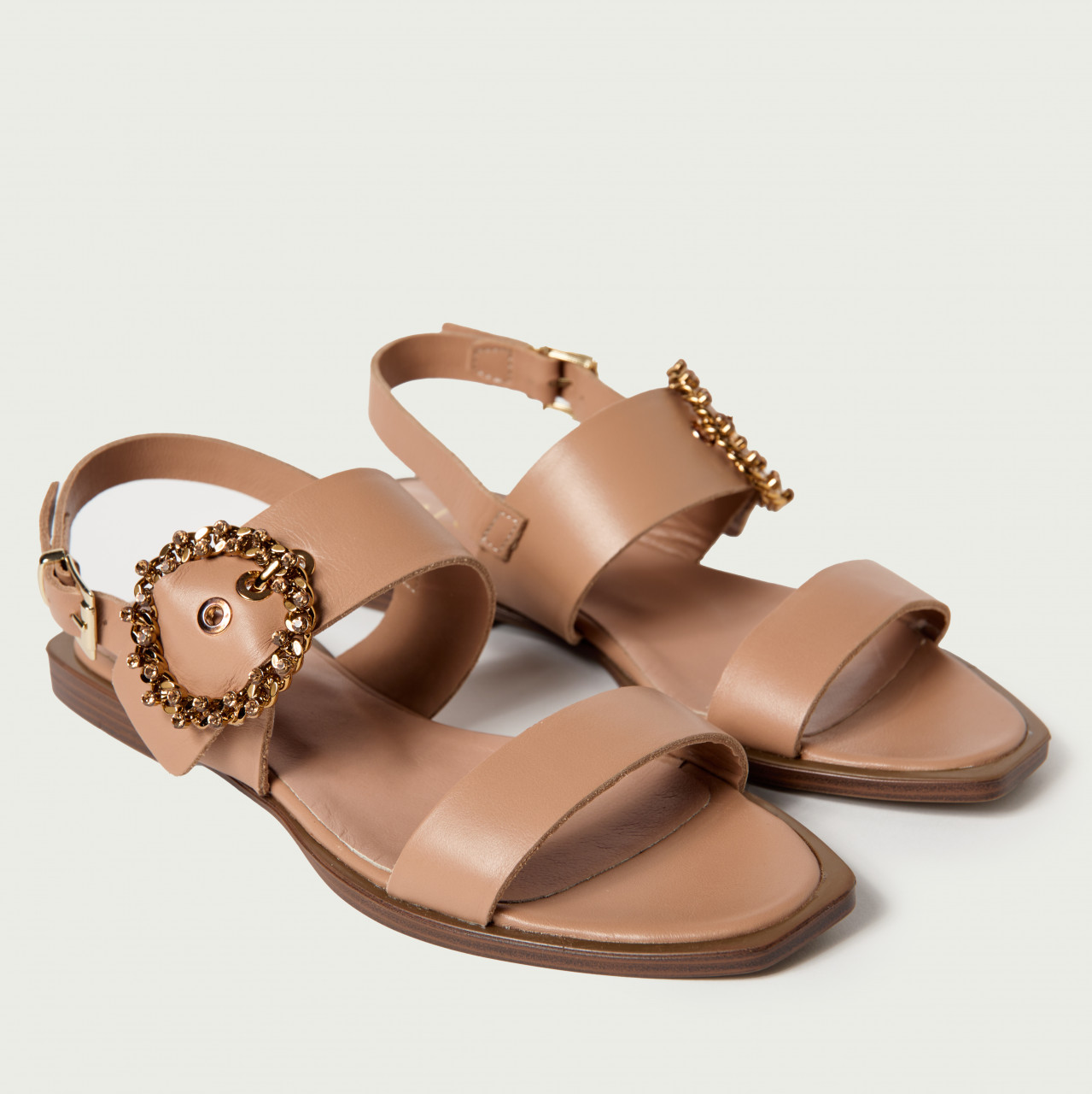Sandale elegante fără toc Anastasia din piele naturală bej cu cristale - Img 6