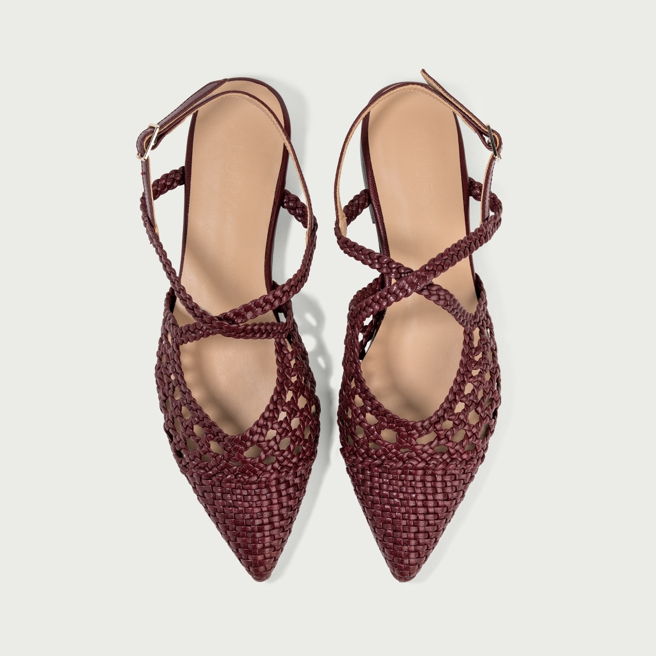 Balerini decupați burgundy Madeleine cu vârf ascuțit din piele naturală împletită - Img 3