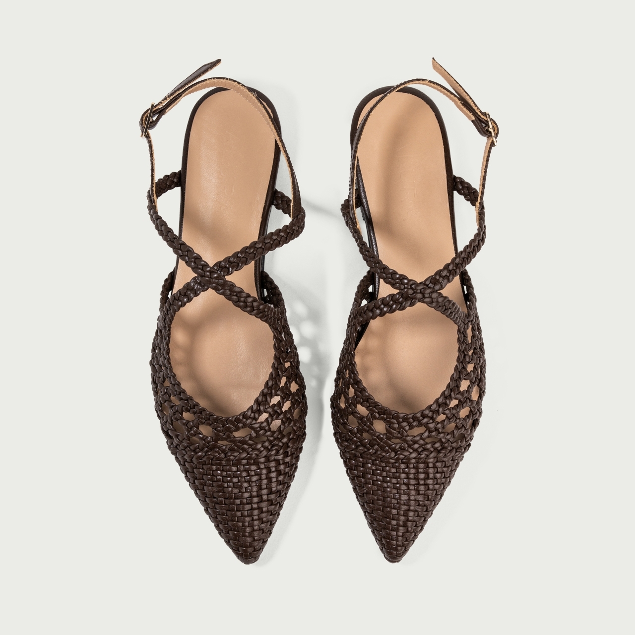 Balerini decupați maro ciocolatiu Madeleine cu vârf ascuțit din piele naturală împletită - Img 3