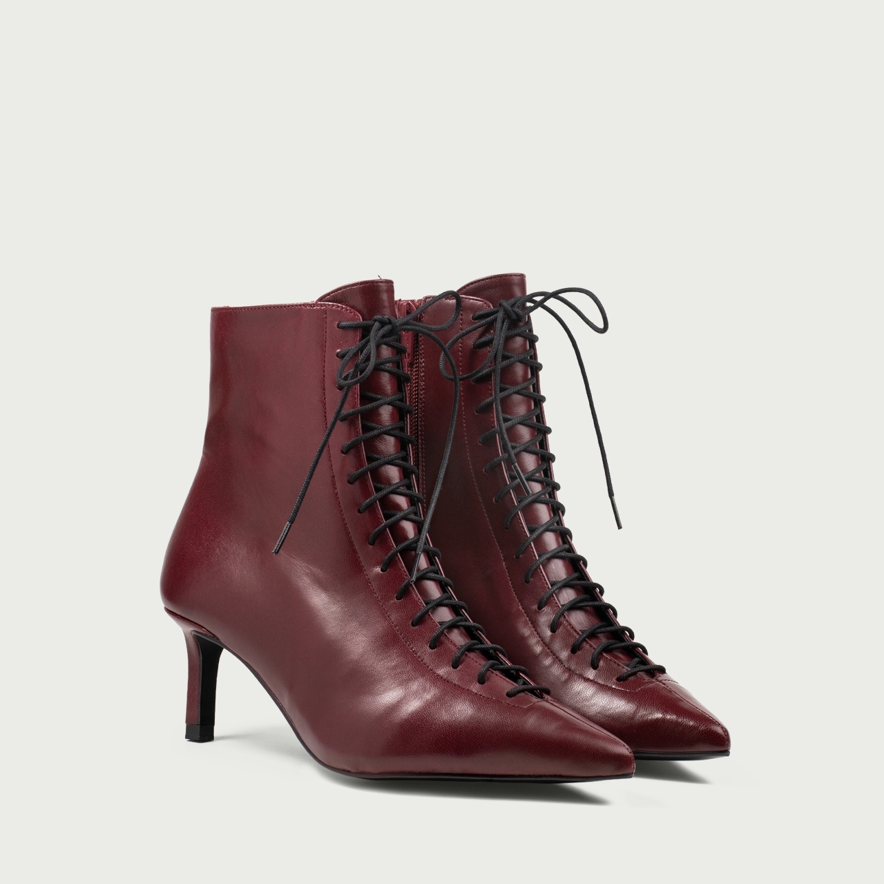 Botine burgundy cu șiret și toc subțire Danica din piele naturală - Img 2