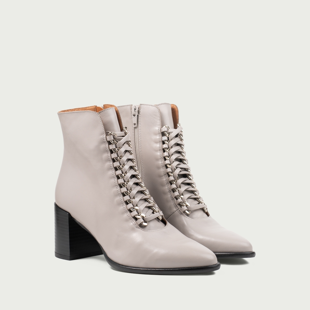 Botine cu șiret și toc gros Danielle din piele naturală gri deschis - Img 2