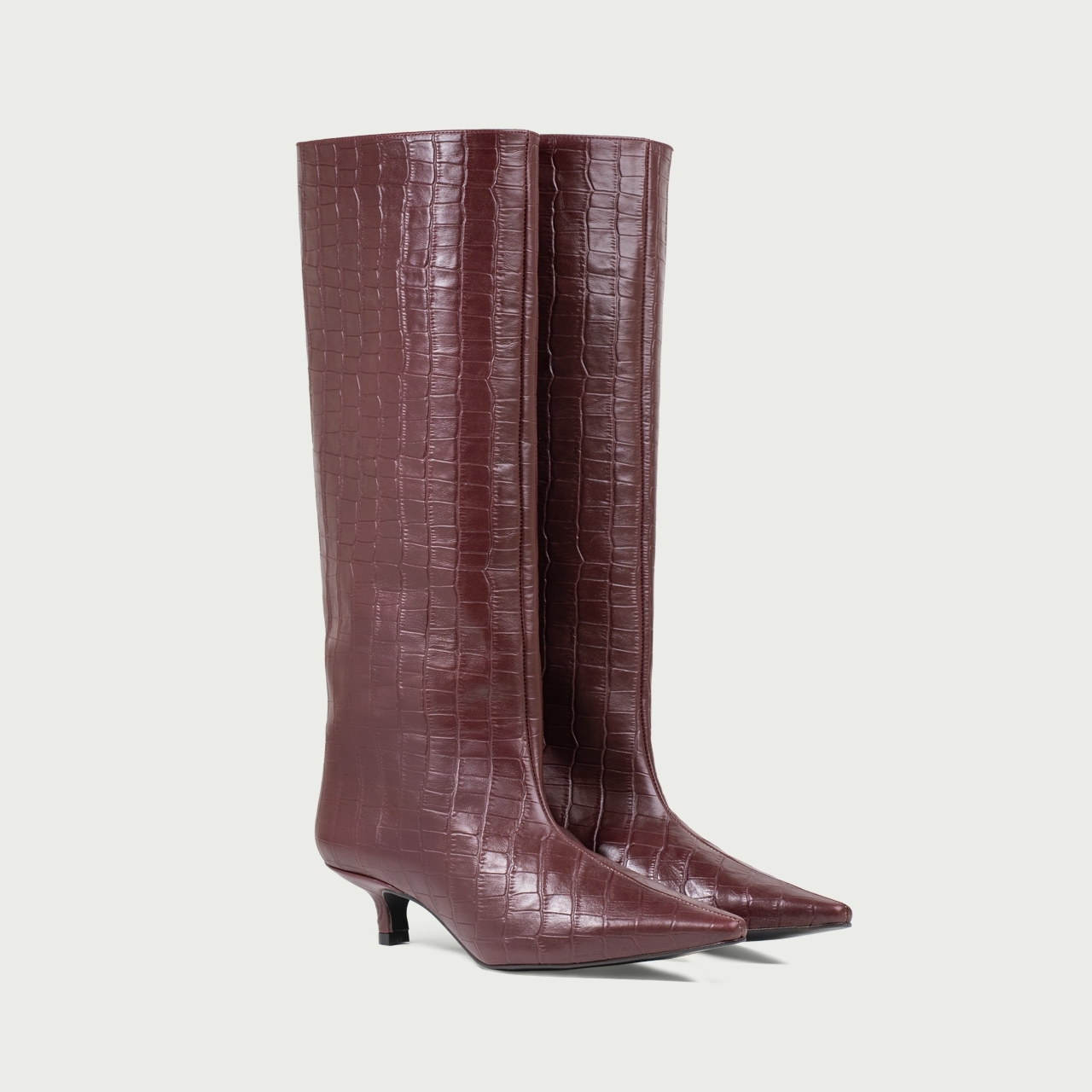 Cizme lungi cu toc mic burgundy Imani din piele naturală - Img 2